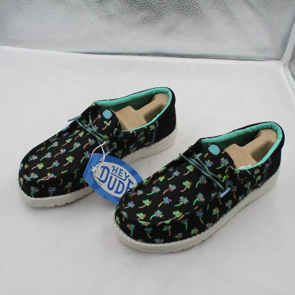 HEYDUDE Wally Funk Tropical Palm Youth Size 6 Junior Slip On Shoes Black Multi